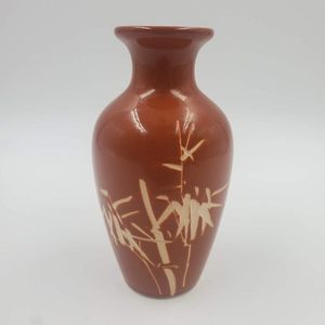 FW Woolworth Caramel Vase w/ Wax Resist Glaze Asian Bamboo Design 6.5" Vintage